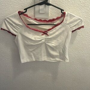 COPY - SHEIN cropped T-shirt: white with red, lace